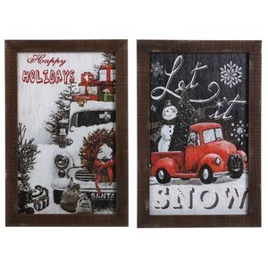 Vintage Style Pickup Truck Christmas Holiday Signs Framed Set of 2
